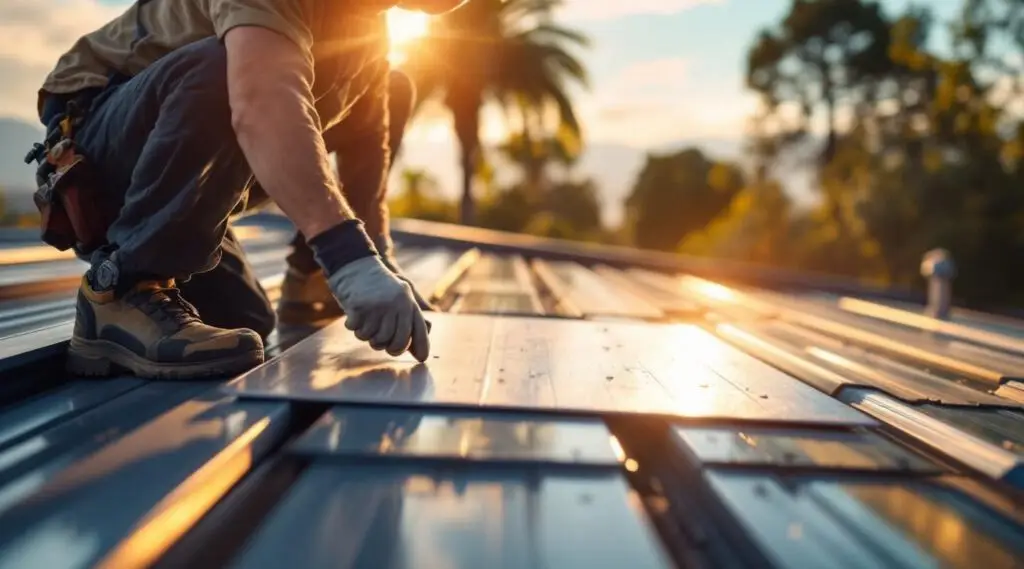 A commercial standing seam metal roof installation on a Medford facility under clear skies, showcasing clean lines and professional craftsmanship.