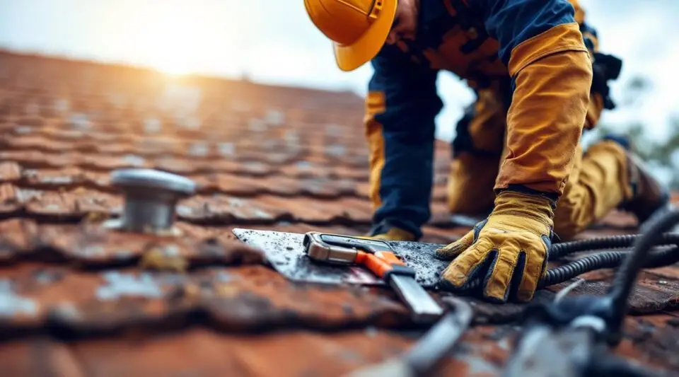 A professional roofer carefully examining asphalt shingles and flashing on a residential home in Medford, Oregon.