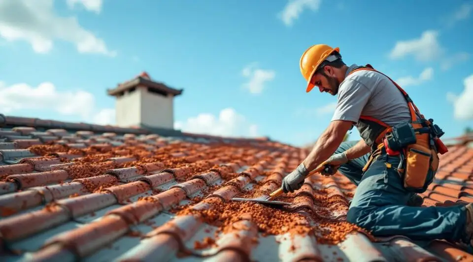 Commercial clay tile roof installation on a Medford retail building with professional roofing crew.