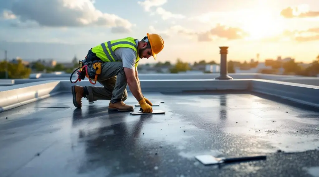 Professional roofing crew installing a black EPDM rubber membrane on a flat commercial roof in Medford, Oregon.