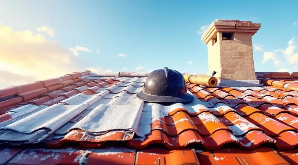 A commercial property in Medford featuring a newly installed terracotta Spanish tile roof under a clear Oregon sky.
