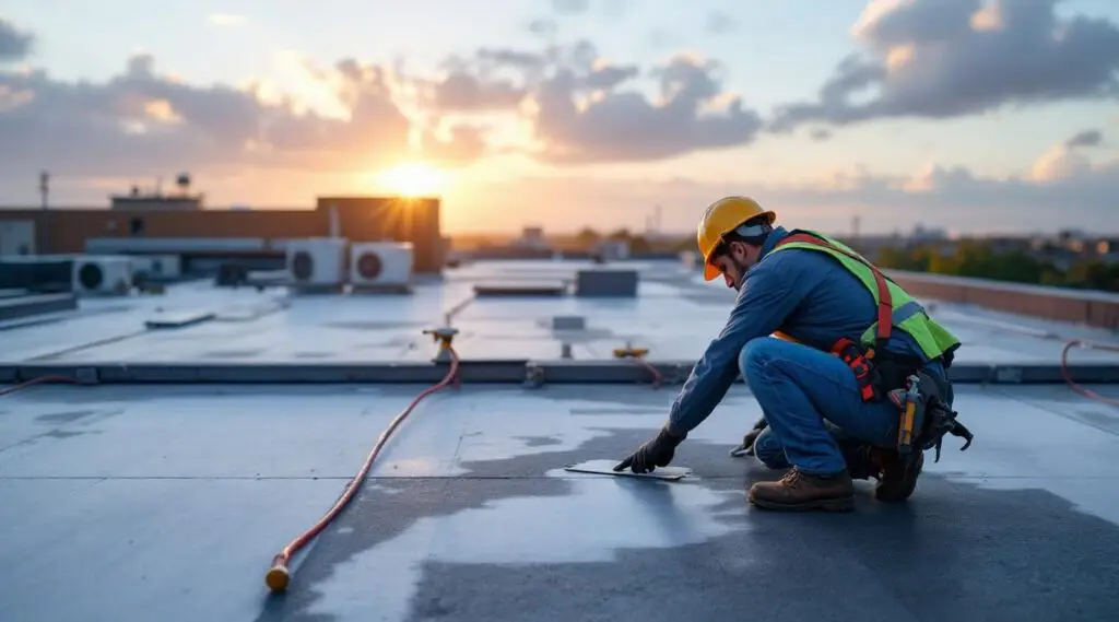 Professional roofers carefully sealing a durable TPO flat roof membrane on a local Medford commercial facility under clear skies.