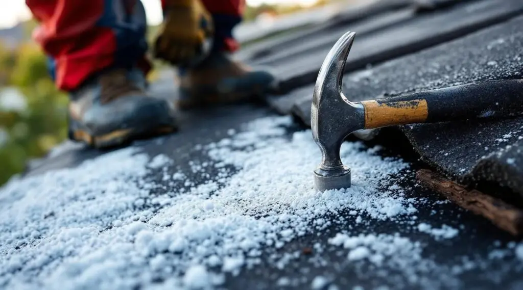 A professional roofer carefully inspects asphalt shingles on a Medford home to locate and repair a hidden roof leak.
