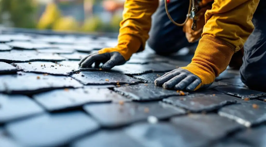 Professional roofing crew carefully installing natural slate tiles on a historic commercial building roof in Medford
