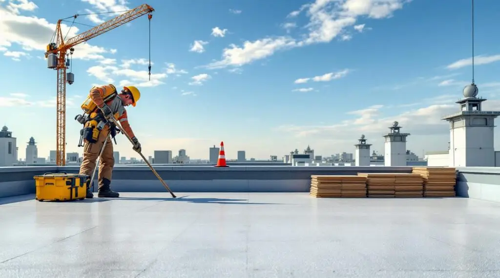 Professional roofing crew heat-welding a white TPO flat roof membrane on a commercial facility in Medford.