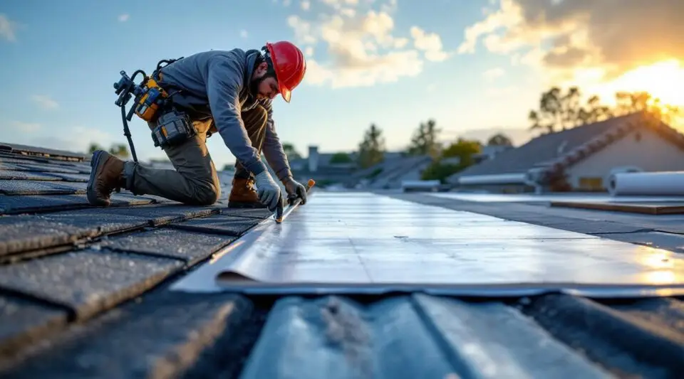 Professional roofing crew installing architectural shingles on a suburban house in Medford, Massachusetts
