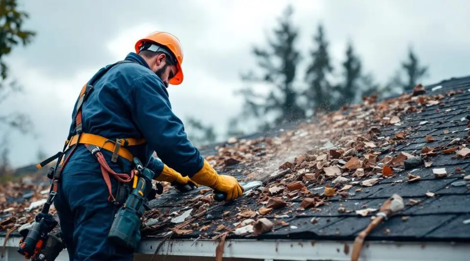 Carpenters Roofing crew securing a local Medford home with protective tarps and replacing wind-damaged shingles after a storm.