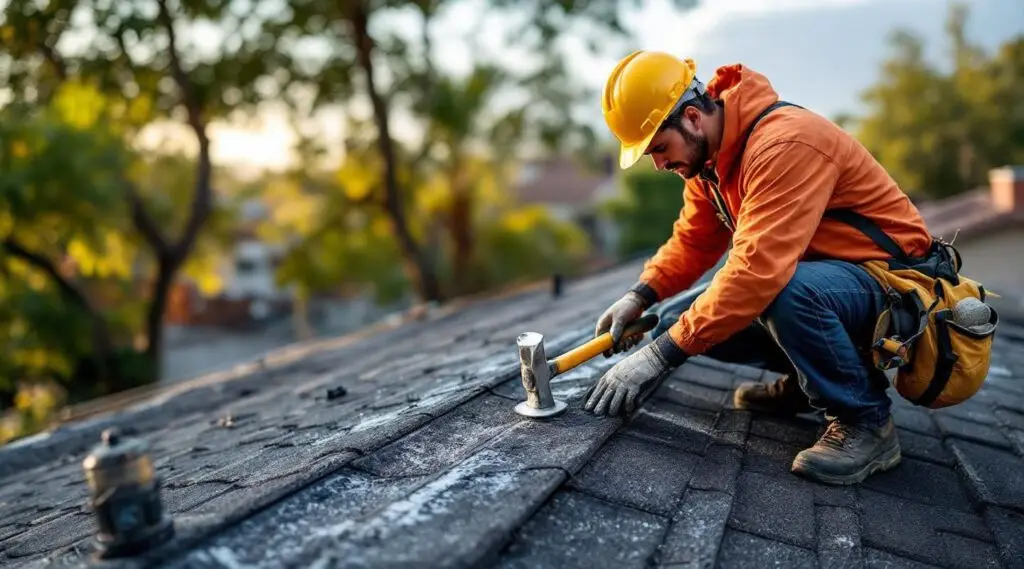 A professional roofer repairing asphalt shingles on a Medford home under a clear sky.