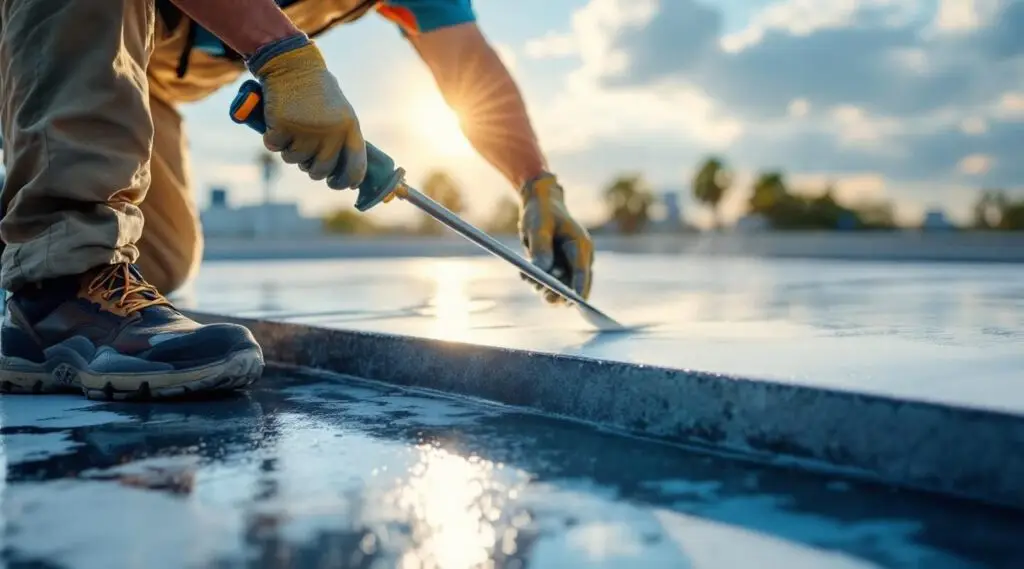 Professional roofing crew applying white silicone roof coating to a flat commercial building roof in Medford under bright sunlight