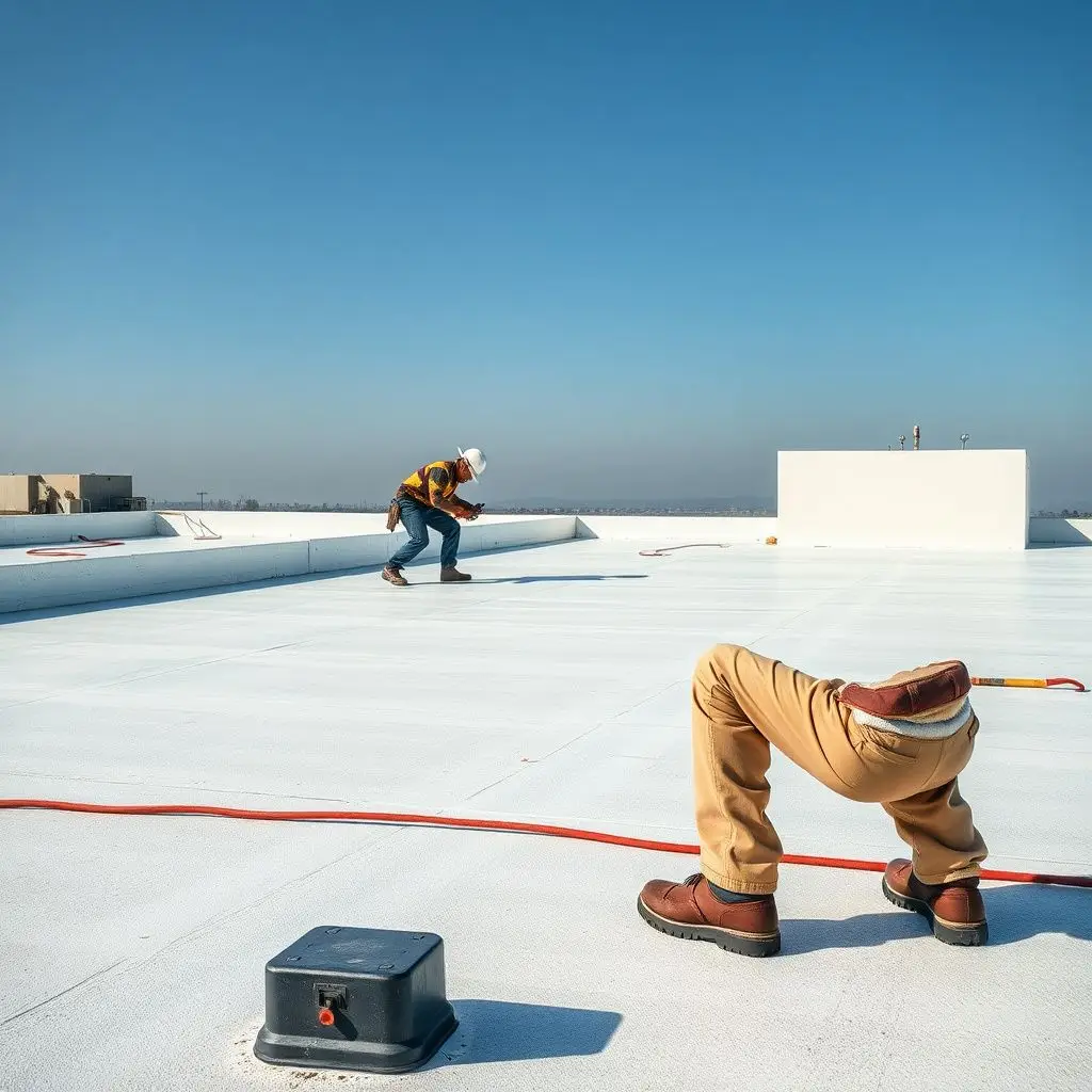 Professional roofing technicians repairing a commercial flat roof membrane on a Medford facility near the airport.