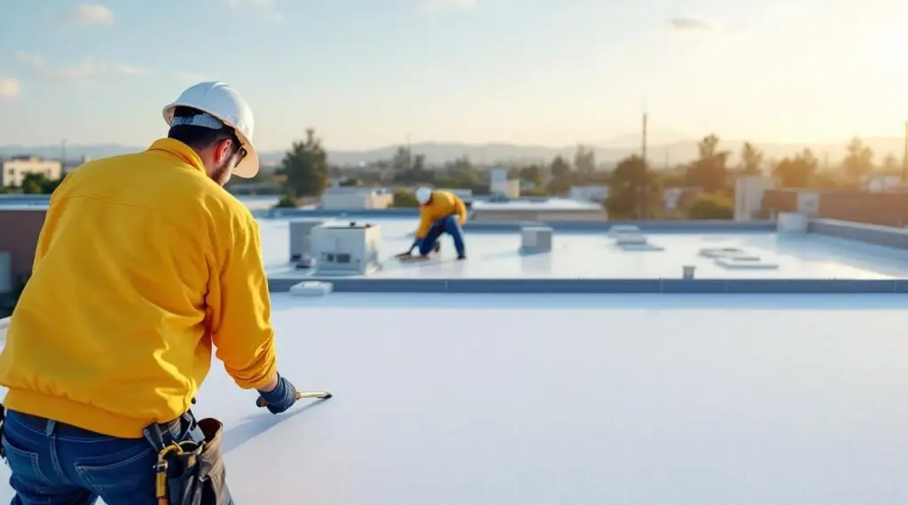Professional roofing crew heat-welding a white TPO membrane on a flat commercial roof in Medford under a bright sky.