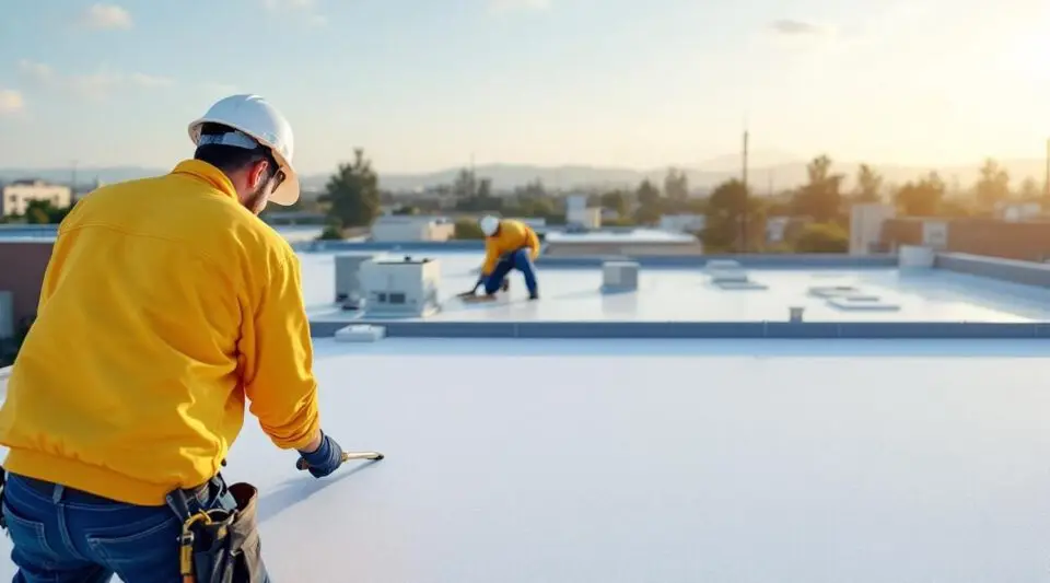 Professional roofing crew heat-welding a white TPO membrane on a flat commercial roof in Medford under a bright sky.